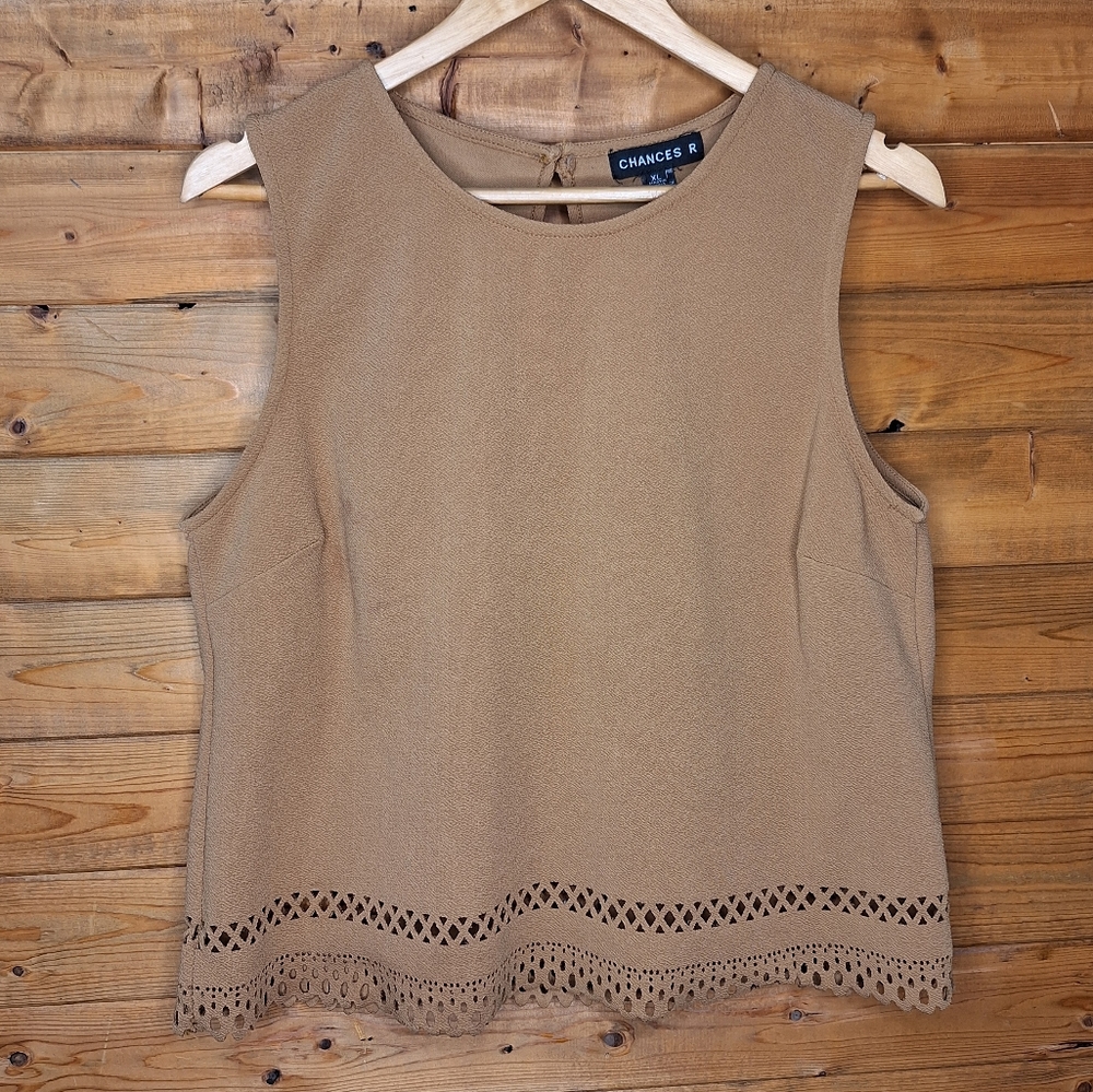 ❤️ CHANCES R Brown tank sleeveless top with designed cut outs bottom Size XL
